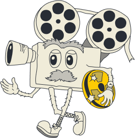 Walking camera guy with mustache and huge eyebrows walking to the right